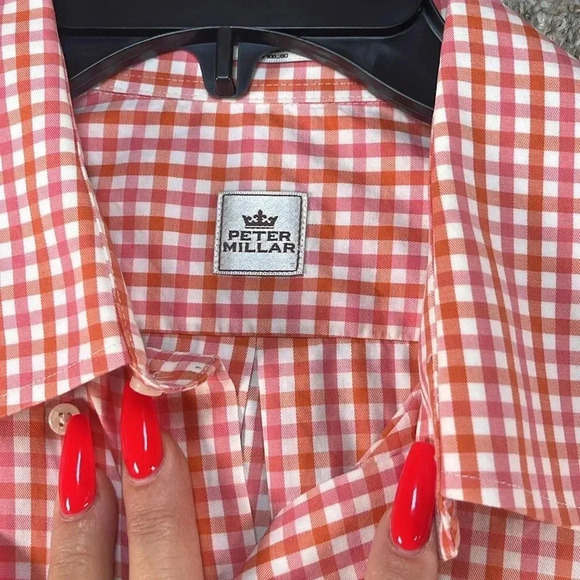 Peter Millar Cotton Long‎ Sleeve Button Down Shirt Gingham Orange Pink - Picture 2 of 9